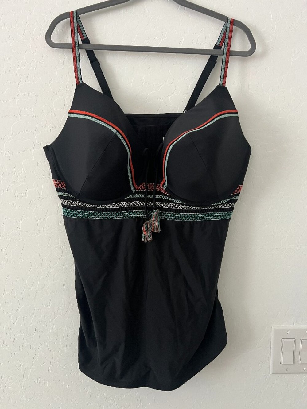 Cacique Swim Tankini Top 44DDD Black Underwire Tassel Boho Plus Size Swimwear